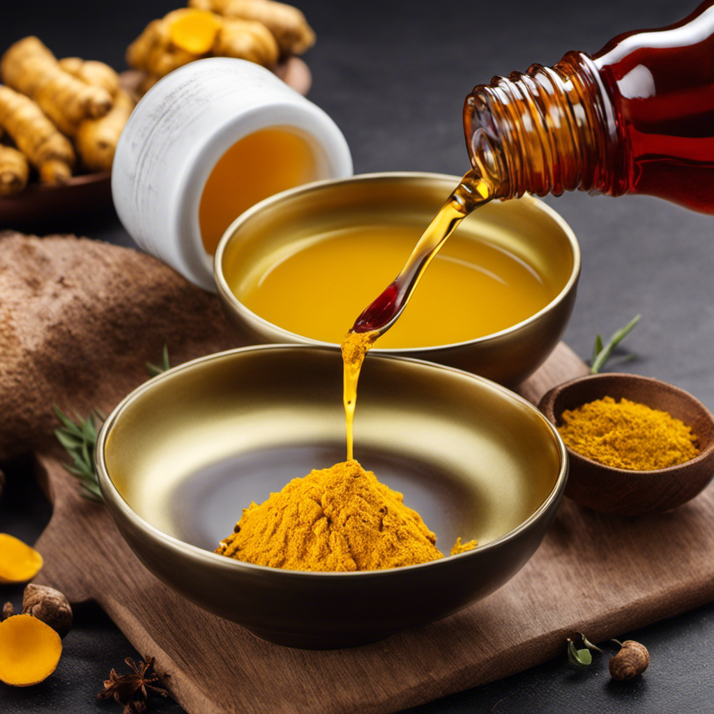 An image showcasing a close-up of a vibrant yellow turmeric paste being gently applied to a red, inflamed abscess, while a droplet of soothing tea tree oil hovers above, ready to provide relief