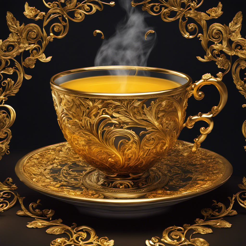 An image of a steaming teacup filled with vibrant golden liquid, infused with swirls of turmeric and tyme