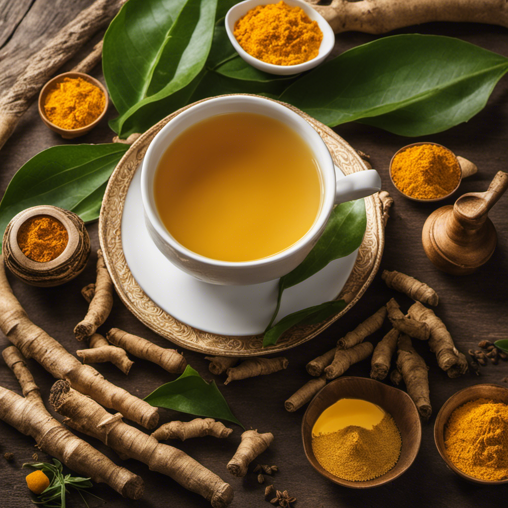 An image showcasing a steaming cup of vibrant yellow Turmeric Ashwagandha tea, surrounded by fresh turmeric roots, fragrant ashwagandha leaves, and delicate tea leaves