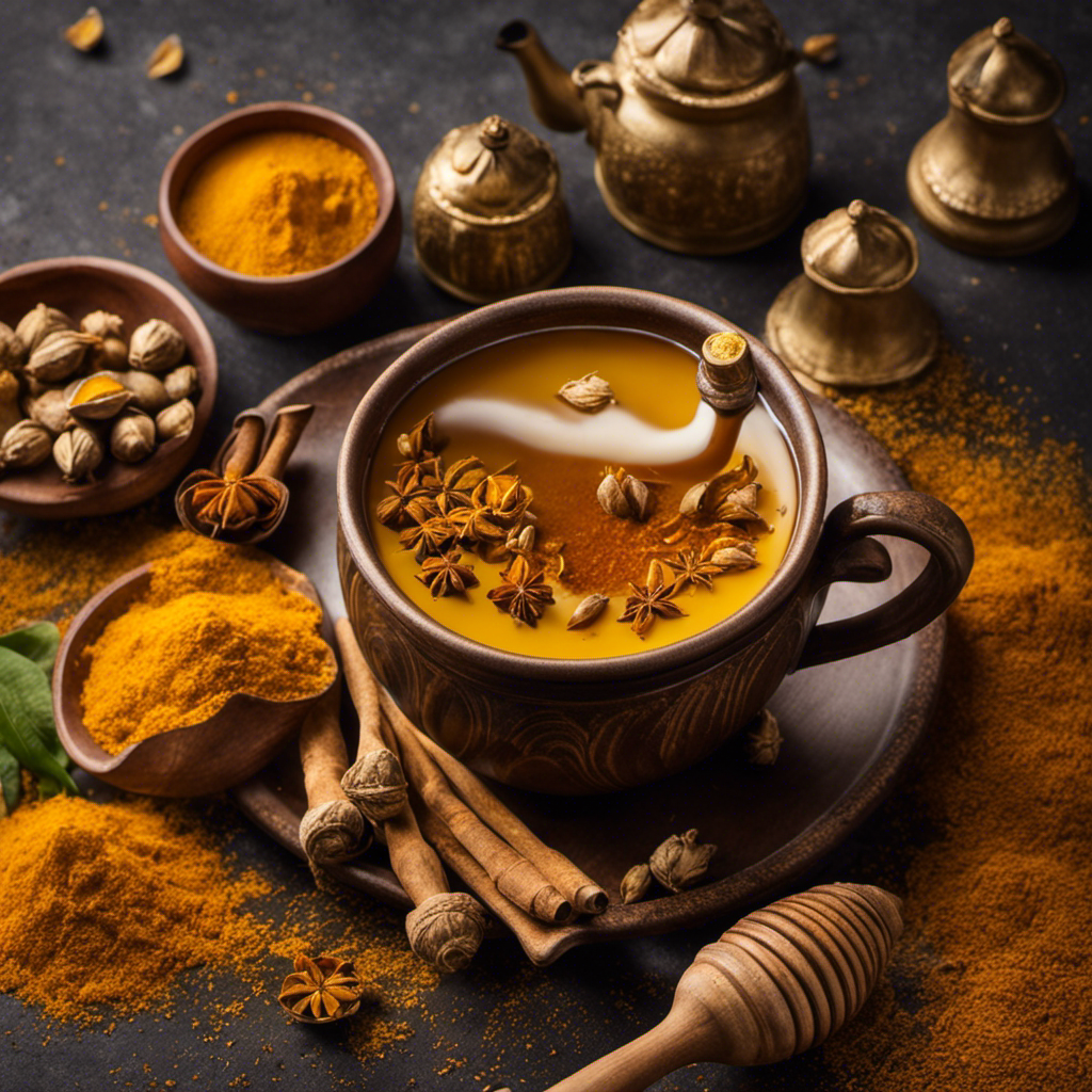 the vibrant essence of Turmeric Cardamom Tea in an image that showcases a steaming cup adorned with delicate cardamom pods, while golden turmeric swirls dance gracefully in the steam