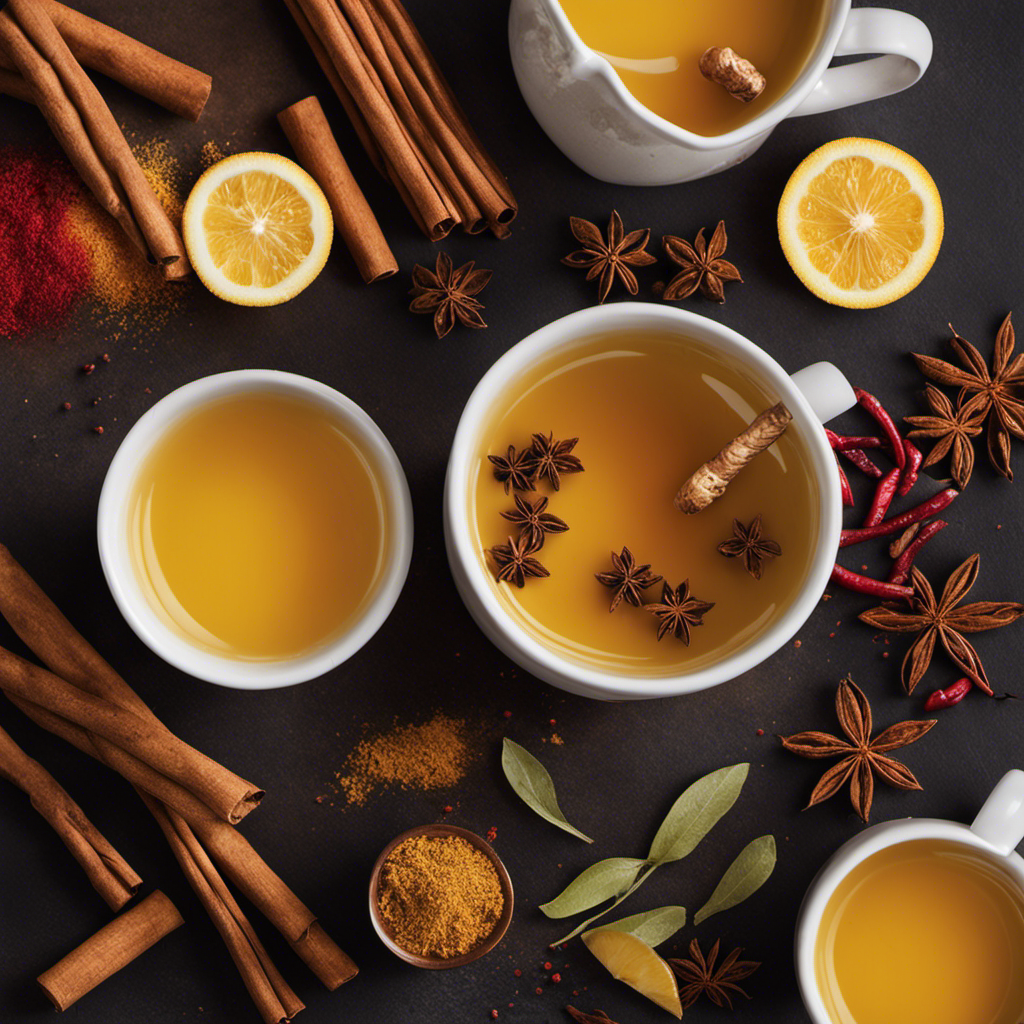 An image showcasing a steaming mug of vibrant golden tea, infused with the rich hues of turmeric, cayenne, ginger, and cinnamon