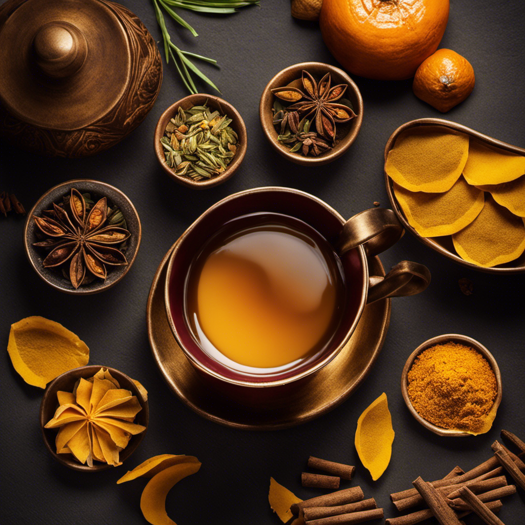 An image that showcases the warmth and vibrancy of turmeric chai tea bags: A steaming cup of golden chai, infused with aromatic spices, surrounded by neatly arranged tea bags bursting with rich hues of orange and yellow