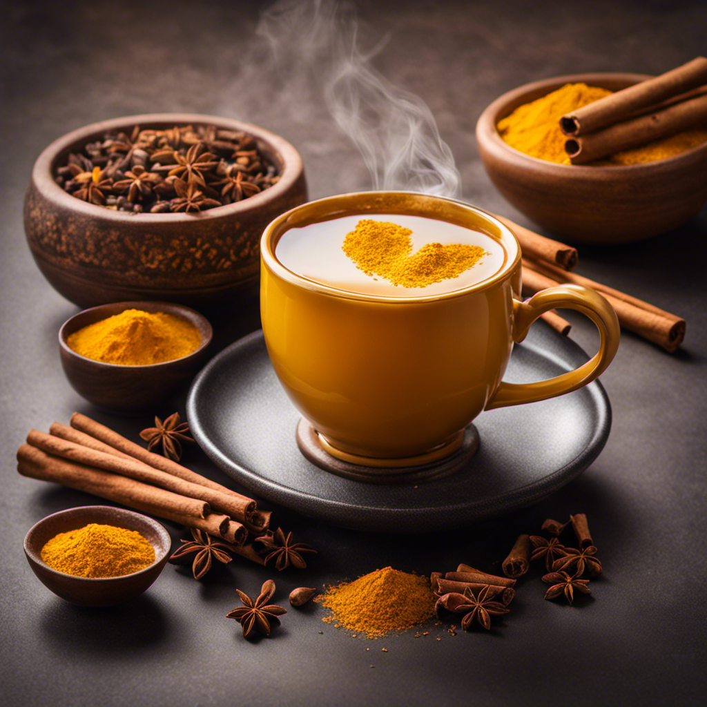 the invigorating essence of turmeric chai tea in an image that showcases a steaming mug filled with vibrant golden liquid, adorned with delicate spices like cinnamon, cardamom, and ginger, emanating warmth and wellness