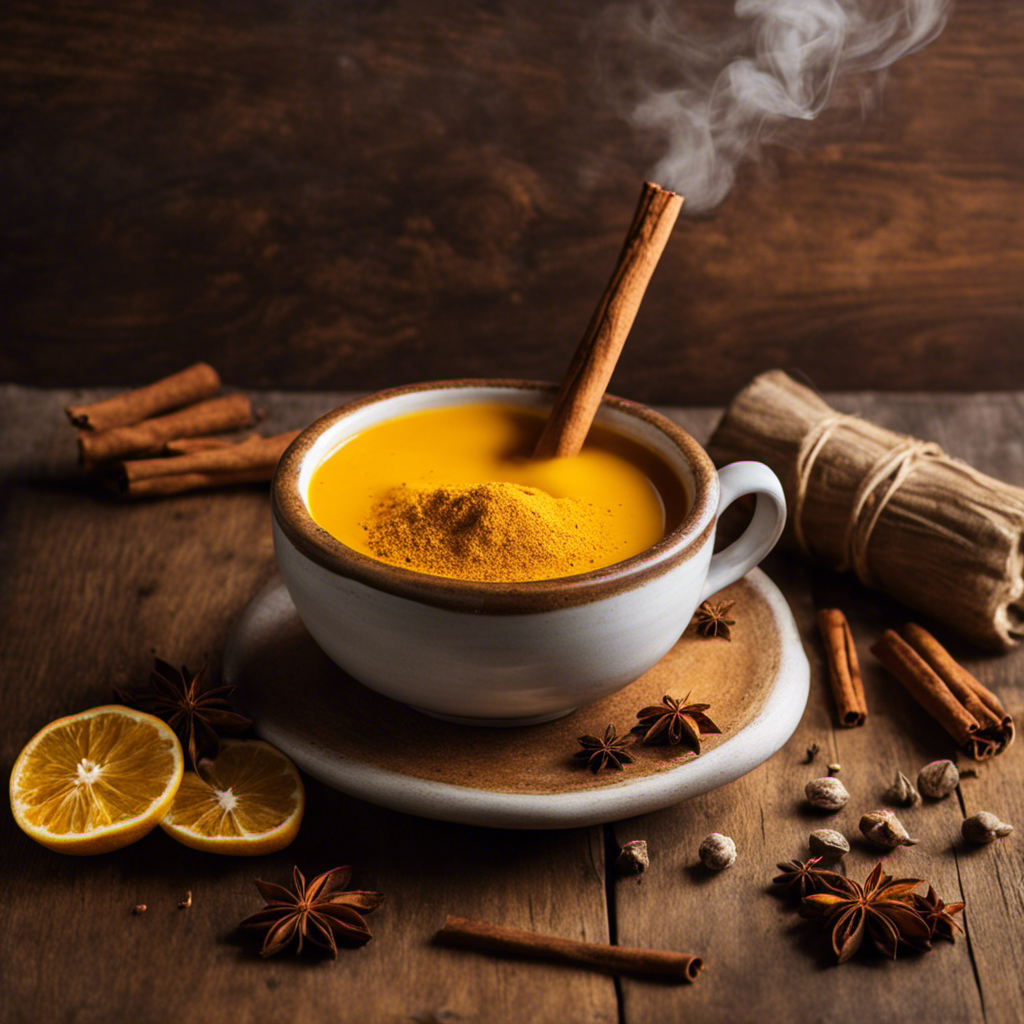 An image showcasing a steaming cup of Turmeric Chai Tea Powder, rich golden hues swirling inside