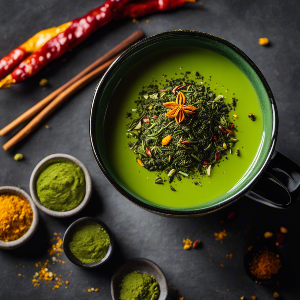 An image showcasing a vibrant emerald green tea mug brimming with frothy matcha, infused with fiery red chili flakes and specks of golden turmeric, surrounded by freshly ground spices