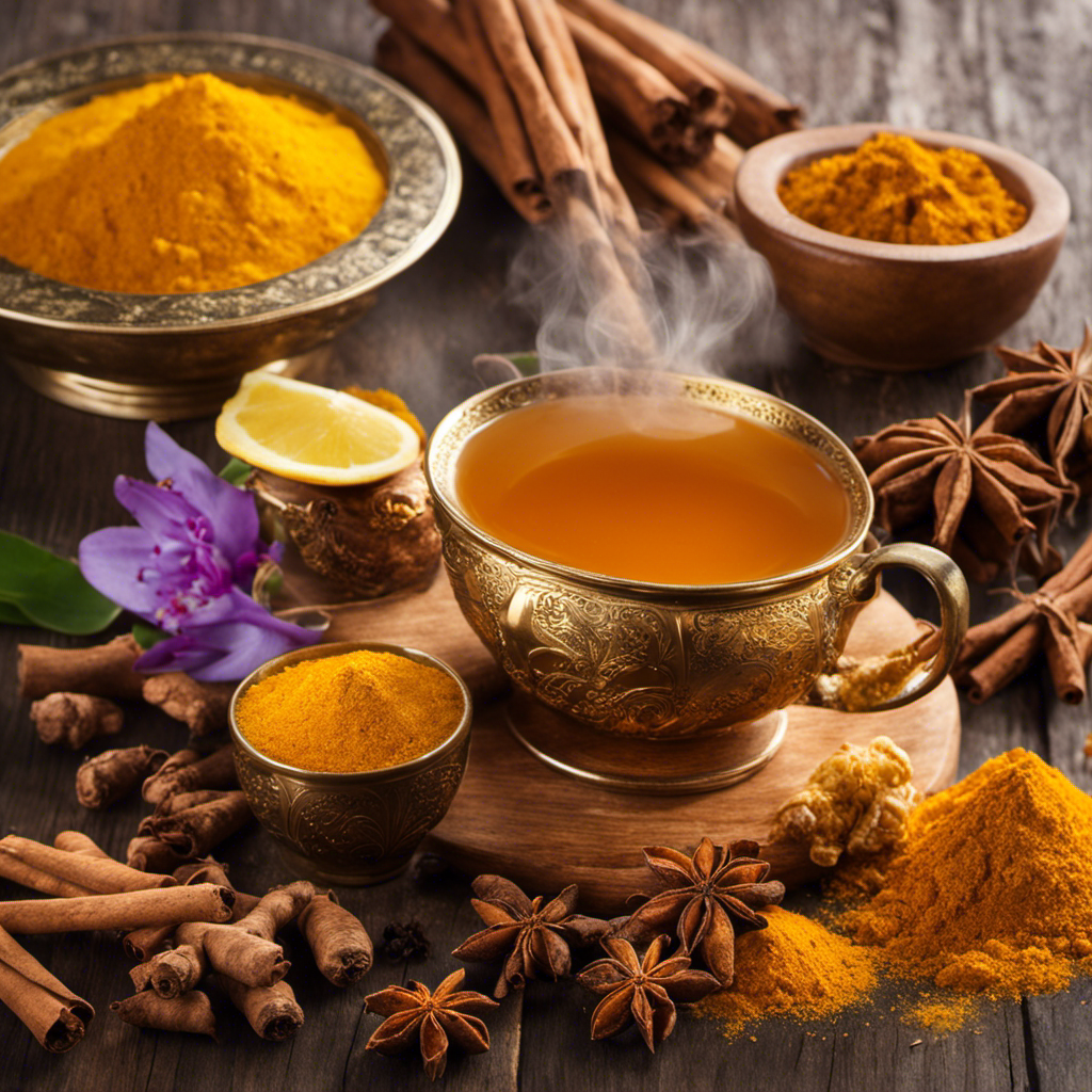 An image showcasing a steaming cup of golden Turmeric Cinnamon Ginger Honey Tea, radiating warmth and healing properties
