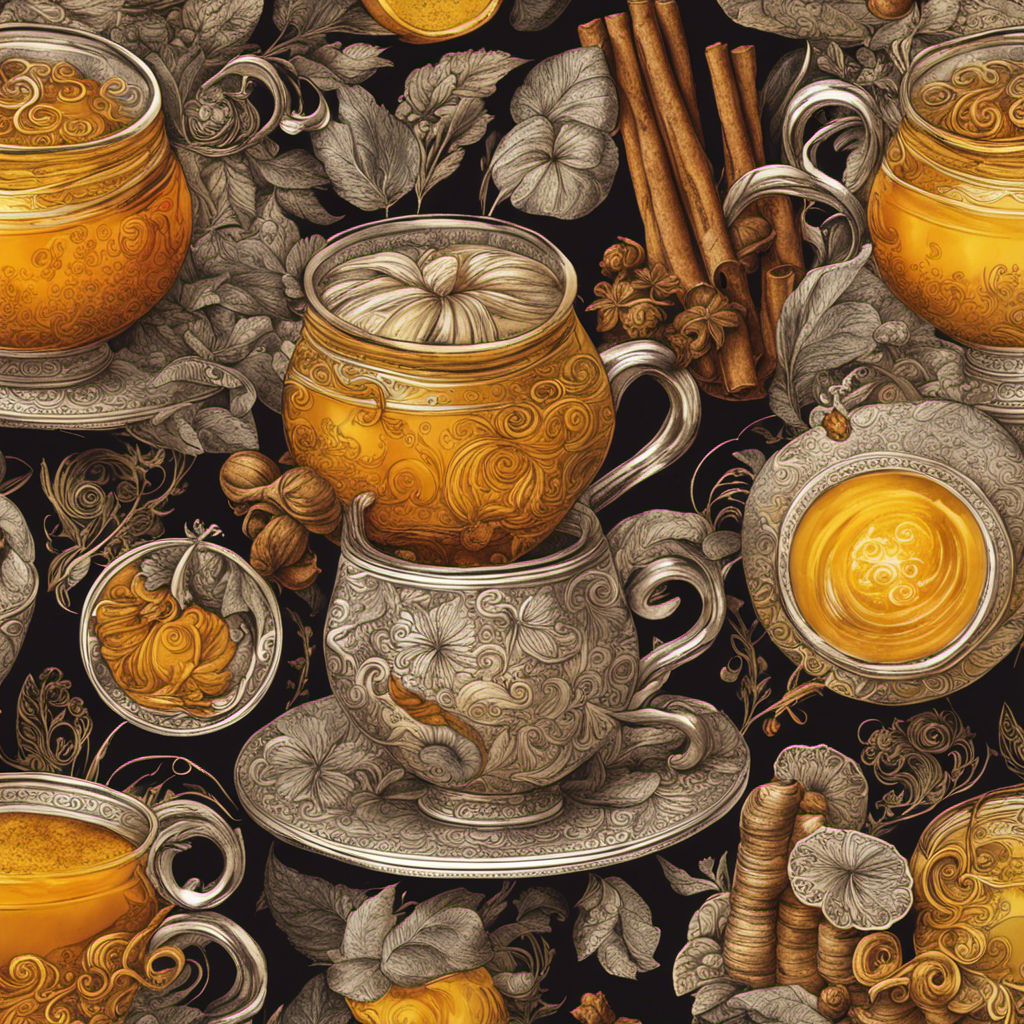An image showcasing a steaming mug of golden turmeric, cinnamon, and ginger tea, with swirling aromatic vapors rising from the cup, capturing the essence of warmth, natural healing, and soothing flavors