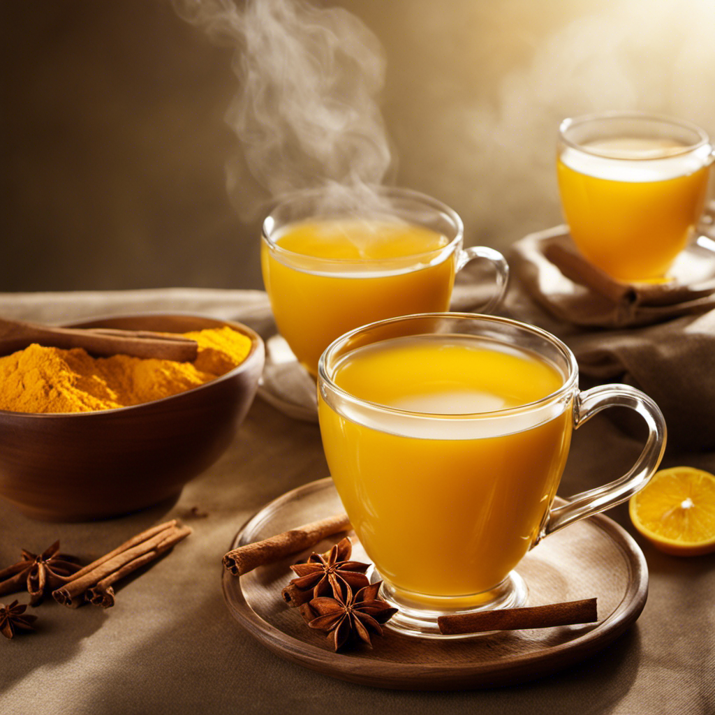 An image that shows a steaming cup of golden-hued Turmeric Cinnamon Ginger tea, infused with the warm aroma of spices