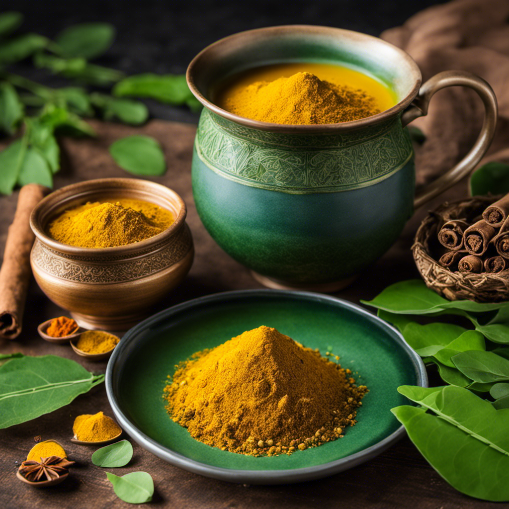 An image showcasing a vibrant cup of steaming turmeric cinnamon moringa tea, radiating warmth and earthy colors