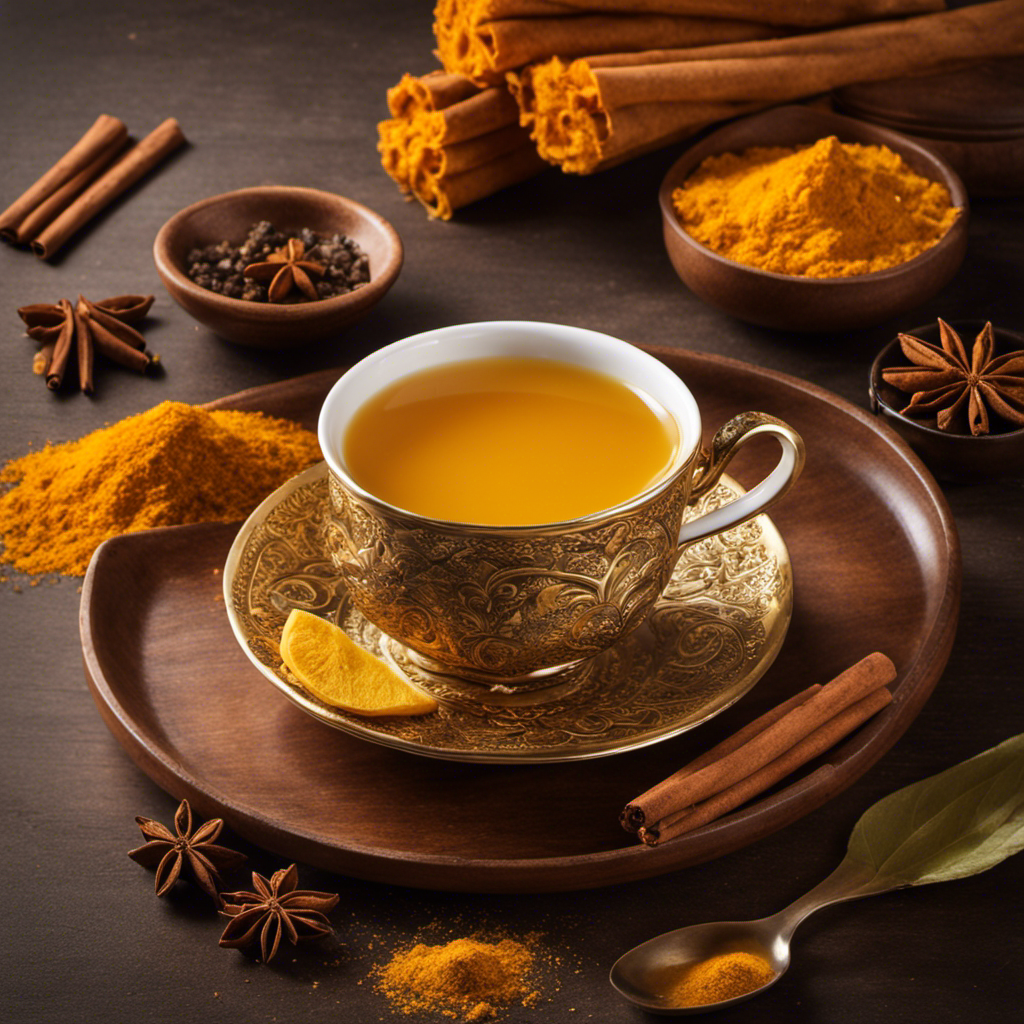 An image that showcases a steaming cup of golden Turmeric & Cinnamon Tea, gently swirling with vibrant hues
