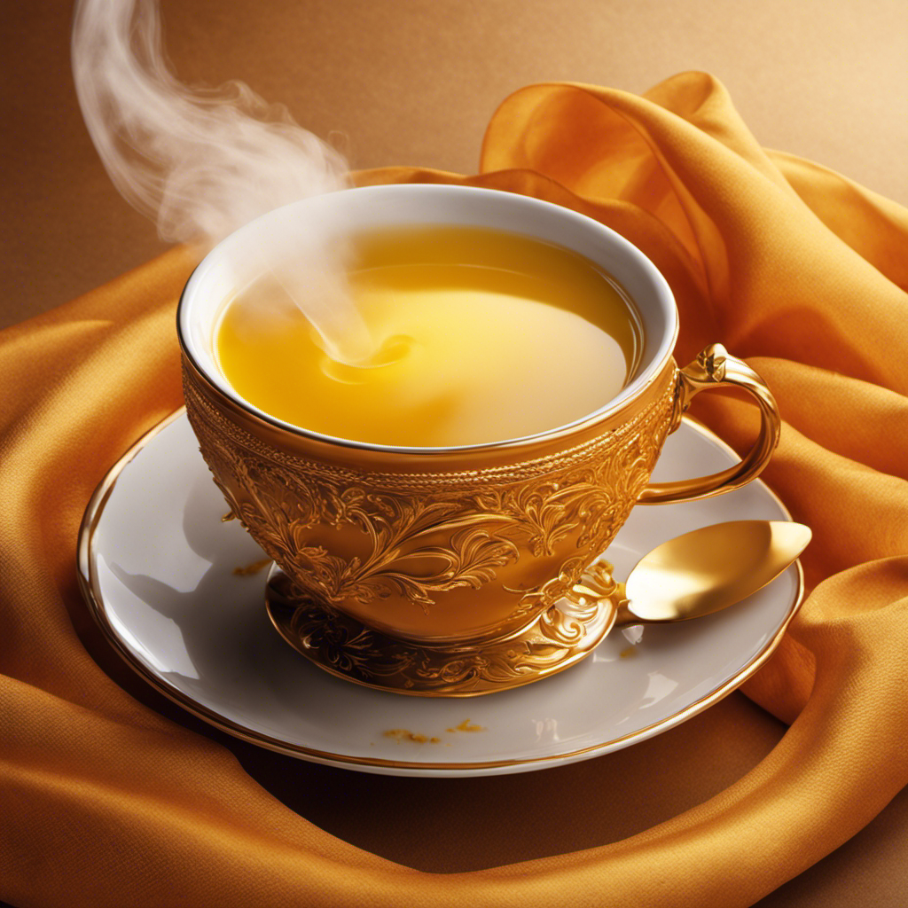 An image of a steaming cup of golden turmeric tea, swirling with hues of deep orange and yellow