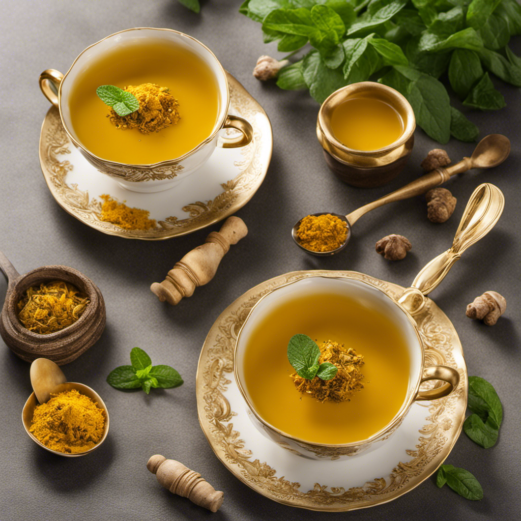 An image that captures the essence of Turmeric Detox Balance Tea: A vibrant, golden-hued tea cup, steam gently rising, adorned with freshly grated turmeric, ginger, and a sprig of mint, inviting you to rejuvenate and restore your body's natural balance