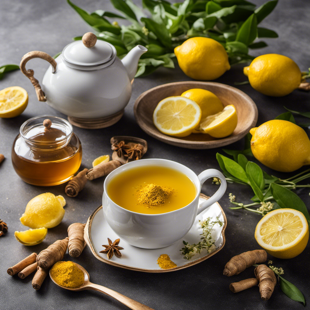 An image showcasing a serene morning scene with a steaming cup of golden Turmeric Detox Tea, surrounded by fresh ingredients like lemons, ginger, and honey, evoking a sense of rejuvenation and wellness