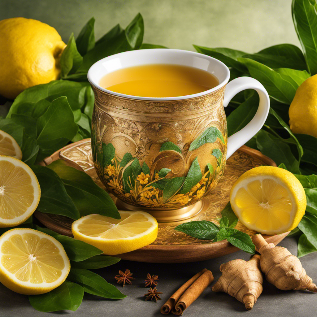 An image featuring a steaming cup of golden-hued Turmeric Detox Tea, adorned with vibrant slices of lemon, fresh ginger, and a sprinkle of cinnamon, surrounded by lush green leaves