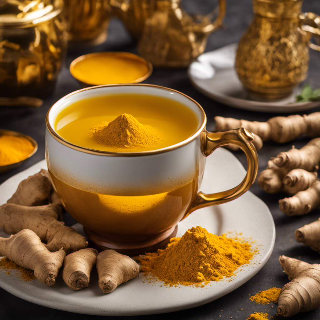 An image showcasing a steaming cup of golden ginger tea, infused with vibrant turmeric