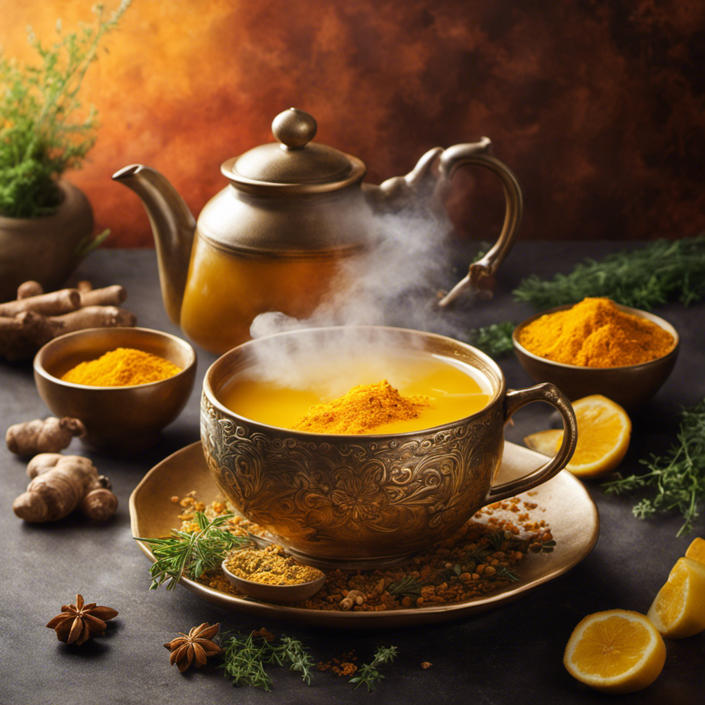 An image depicting a steaming cup of golden Turmeric, Ginger, and Thyme tea