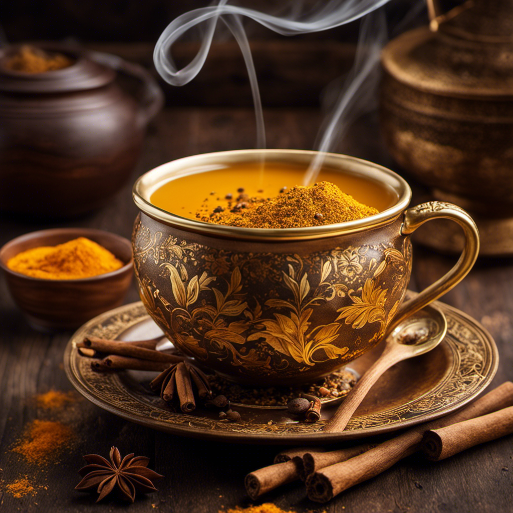 An image showcasing a steaming cup of Turmeric Ginger Black Pepper Cinnamon Tea, with golden hues swirling in the warm liquid, accompanied by a sprinkle of aromatic spices resting on a wooden saucer