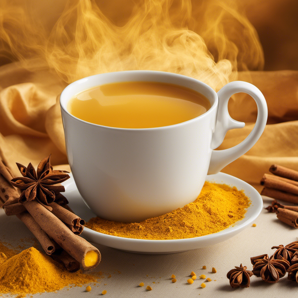 An image that showcases a steaming cup of Turmeric Ginger Cardamom Cinnamon Tea, with vibrant yellow hues, delicate wisps of steam rising, and a sprinkle of cinnamon on top, inviting viewers to indulge in its aromatic warmth
