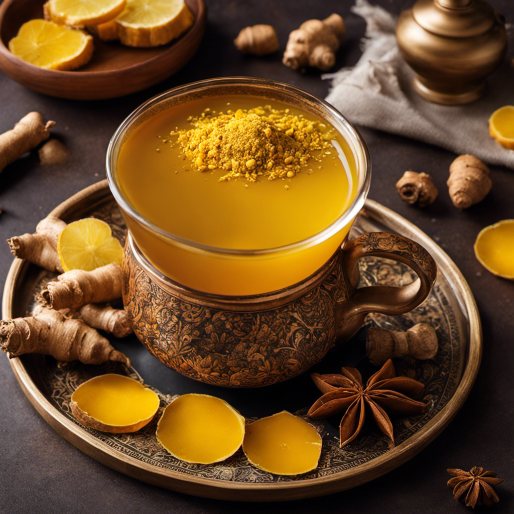 An image showcasing a steaming cup of vibrant yellow Turmeric Ginger Chai Tea, garnished with fresh ginger slices and a sprinkle of turmeric powder, surrounded by warm hues and cozy elements