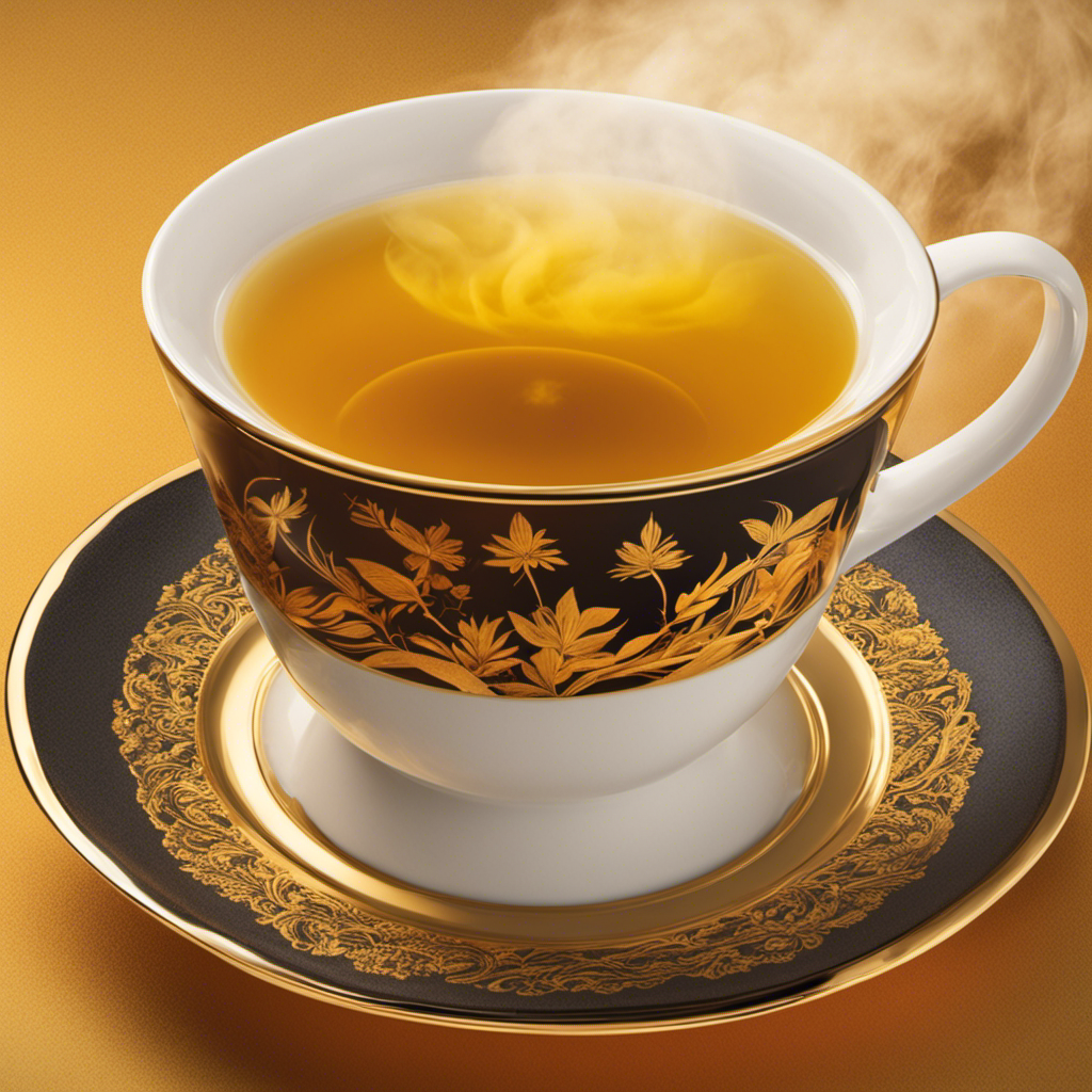 An image showcasing a steaming cup of vibrant golden tea, infused with the warm hues of turmeric, ginger, cinnamon, and black pepper