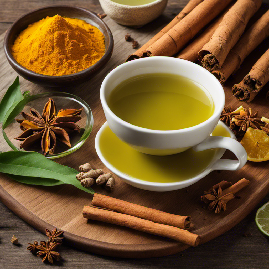 An image showcasing a vibrant assortment of fresh turmeric, ginger, cinnamon sticks, and a steaming cup of green tea, elegantly arranged on a wooden cutting board, evoking thoughts of a healthy and invigorating weight loss journey
