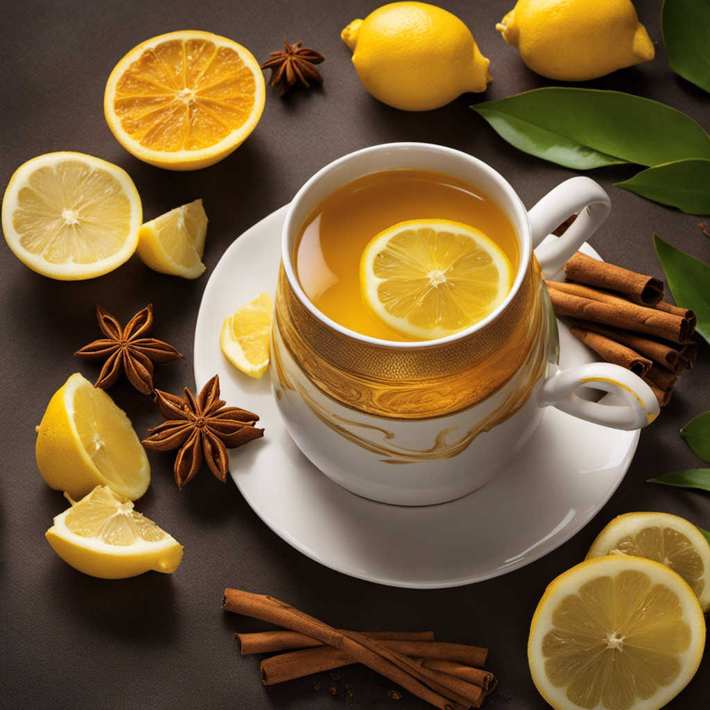 An image showcasing a steaming cup of golden turmeric ginger tea, infused with aromatic cinnamon, and garnished with slices of fresh lemon