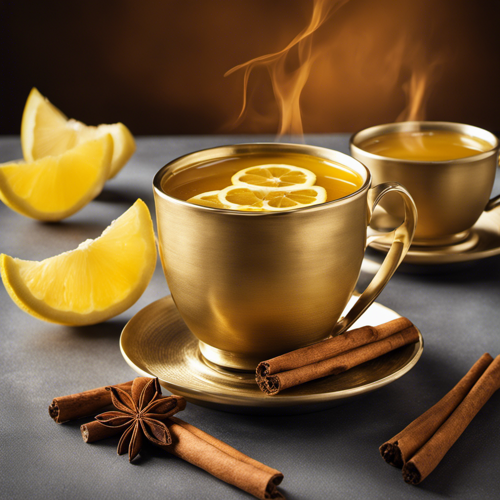 An image showcasing a steaming cup of golden Turmeric Ginger tea adorned with a vibrant cinnamon stick and a fresh lemon slice