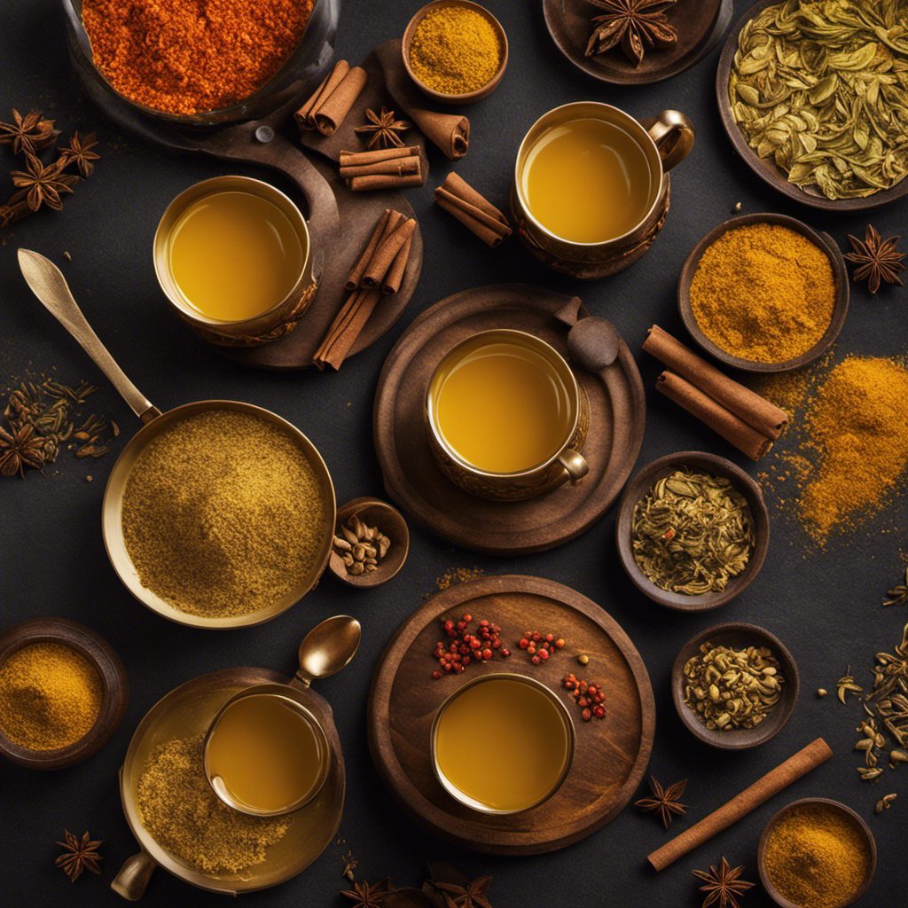 An image that showcases a steaming cup of golden tea, infused with the vibrant hues of turmeric, ginger, cinnamon, nutmeg, and cardamom