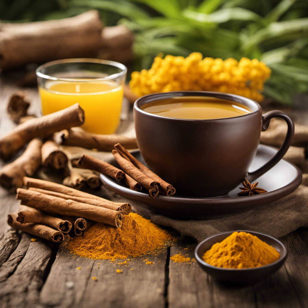 An image of a steaming cup of turmeric ginger cinnamon tea, sitting on a rustic wooden table