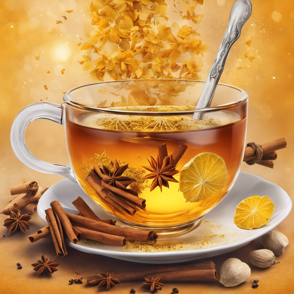 An image showcasing a warm, steaming cup of golden Turmeric Ginger Cinnamon Tea, with vibrant spices beautifully infused, wisps of steam rising, and delicate tea leaves floating gracefully in the background