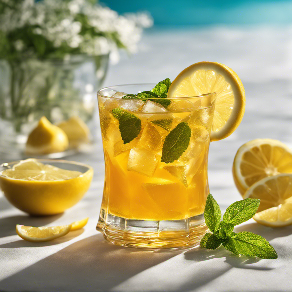 An image showcasing a frosty glass filled with golden-hued Turmeric Ginger Iced Tea, adorned with slices of fresh lemon, a sprig of mint, and ice cubes glistening in the sunlight