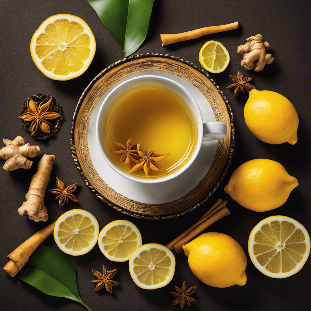 An image showcasing a steaming cup of vibrant yellow Turmeric Ginger Lemon Orange Peel Tea, the aromatic spices swirling together, with a slice of lemon and ginger floating gracefully on top