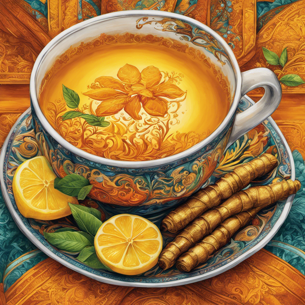 An image showcasing a steaming cup of golden Turmeric Ginger, Lemon Tea, radiating warmth and vitality