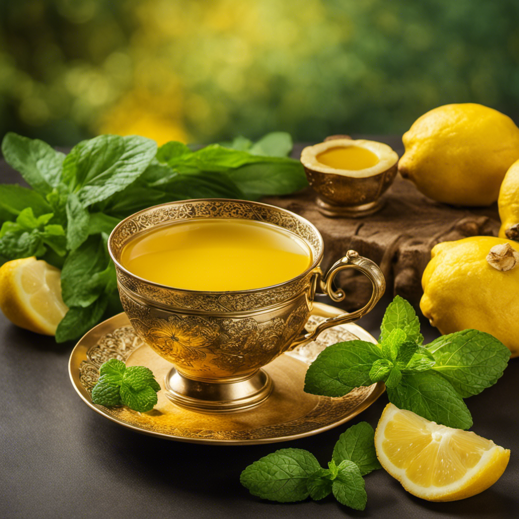 An image showcasing a steaming cup of golden turmeric ginger lemon tea, garnished with a sprig of fresh mint, against a backdrop of vibrant yellow and green hues