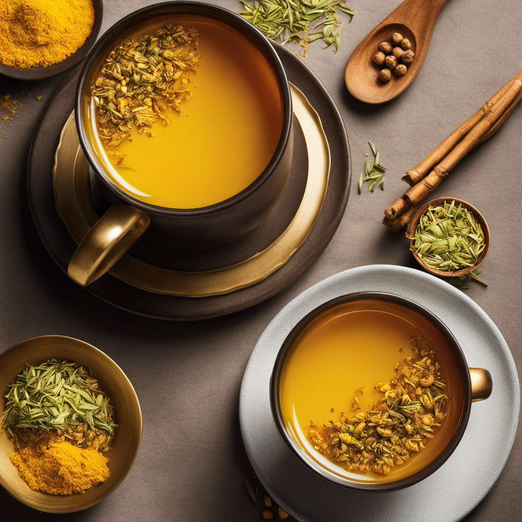 An image showcasing a vibrant cup of Turmeric Ginger Lemongrass Tea, steaming with fragrant swirls