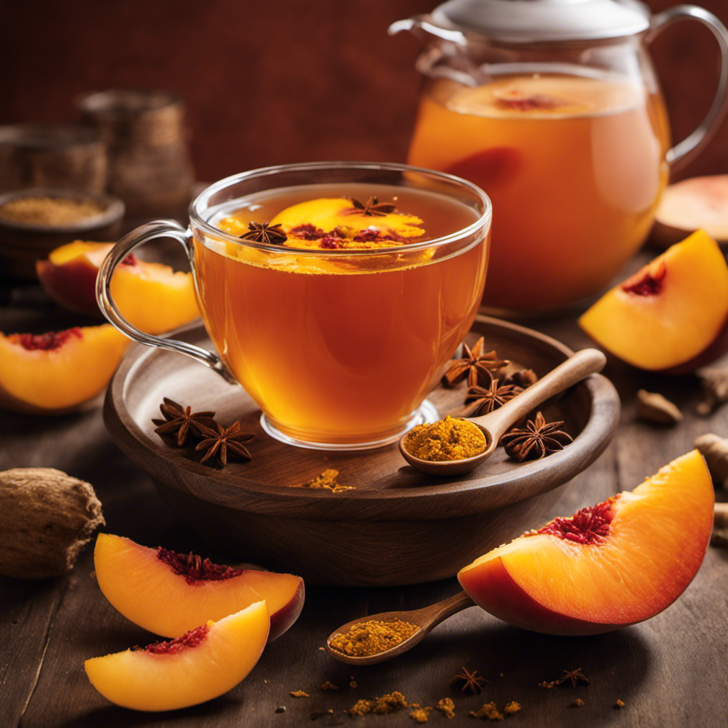 An image that captures the essence of Turmeric Ginger Peach Tea: a steaming cup adorned with slices of vibrant peach, surrounded by aromatic spices like turmeric and ginger, radiating warmth and comfort