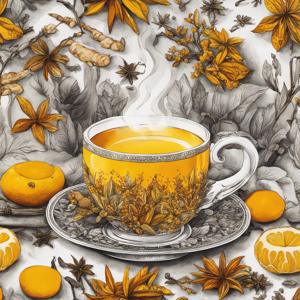 An image showcasing a steaming cup of Turmeric Ginger Pepper Tea, featuring vibrant yellow hues, with aromatic steam rising from the cup, and a sprinkle of black pepper on top