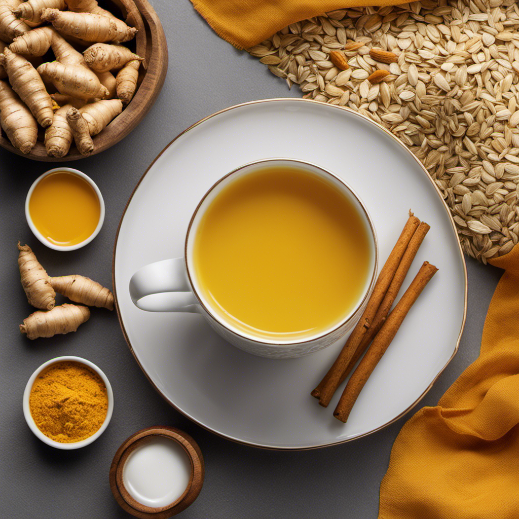 An image showcasing a steaming cup of Turmeric Ginger Tea Almond Milk