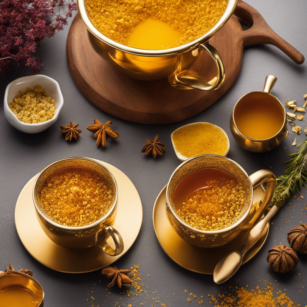An image showcasing a steaming cup of golden Turmeric Ginger Tea, adorned with a sprinkle of sugar crystals that slowly dissolve into the aromatic brew, capturing the essence of warmth and sweetness
