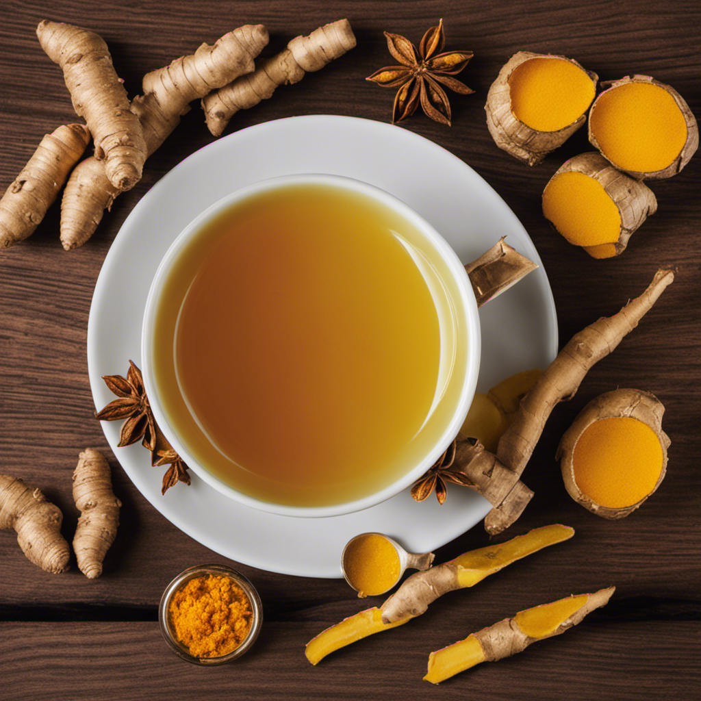 An image showcasing a steaming cup of Turmeric Ginger Tea Andrew, with vibrant yellow turmeric and ginger slices floating in the amber liquid