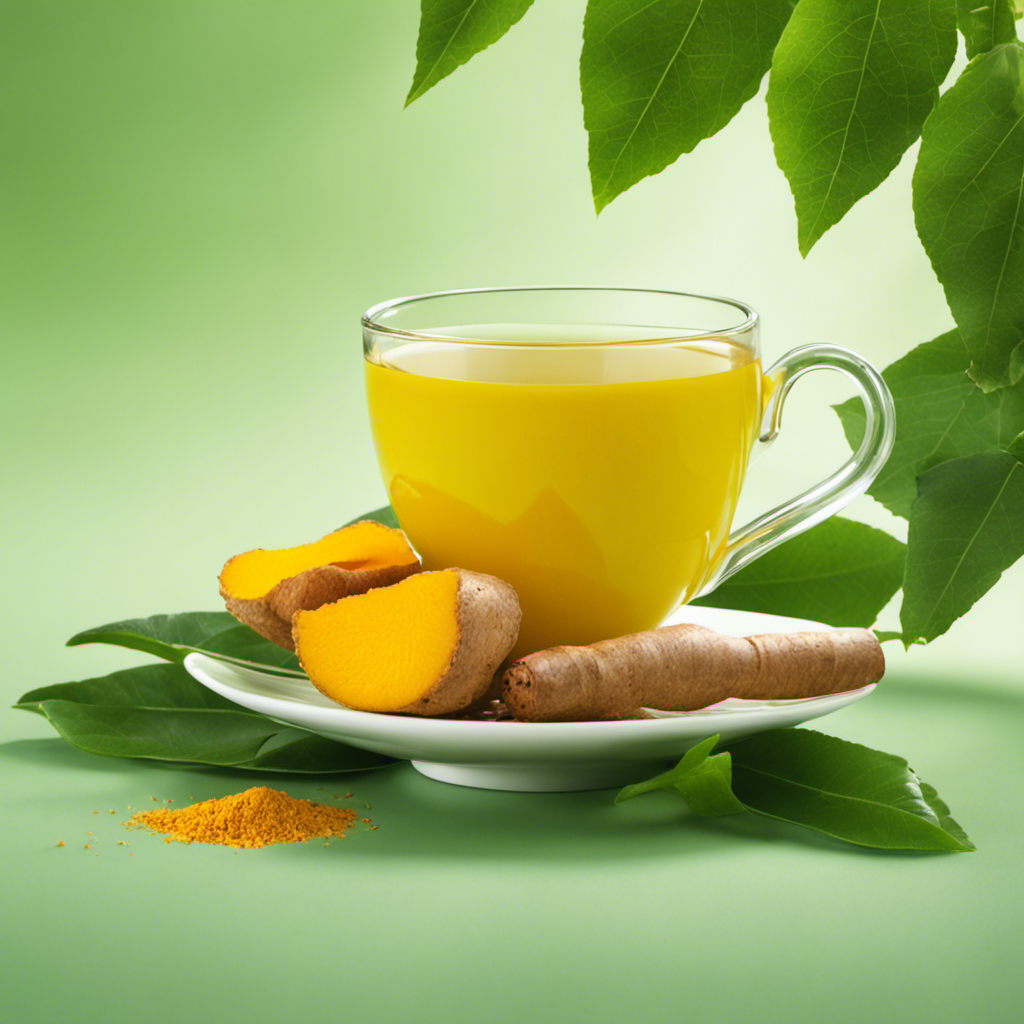 An image featuring a vibrant yellow teacup filled with turmeric ginger tea, placed next to a healthy liver on a background of fresh green leaves