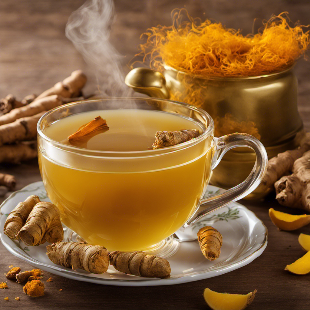 An image showcasing a steaming mug of golden-hued turmeric ginger tea, gently swirling with aromatic vapor