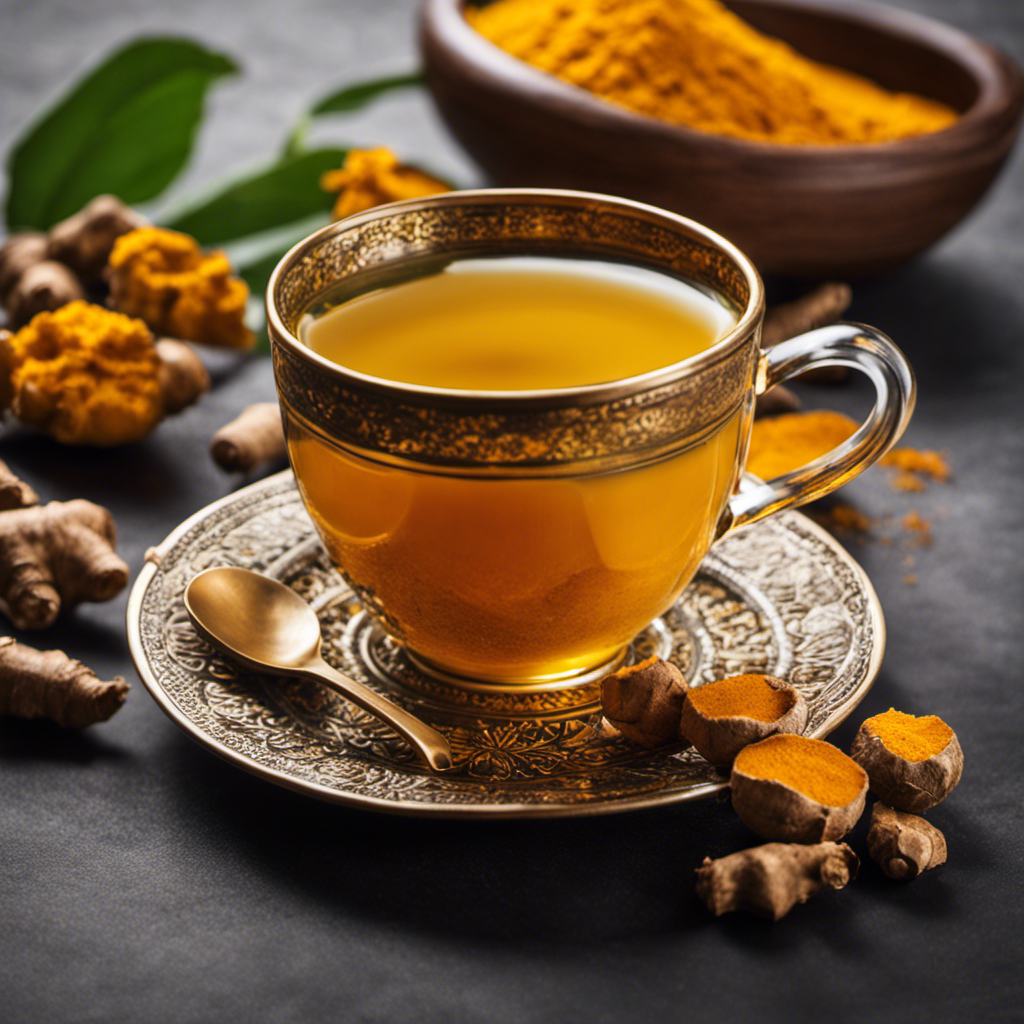 An image showcasing a steaming cup of vibrant, golden turmeric ginger tea alongside a serene, calm setting, evoking a sense of harmony and balance, perfect for a blog post on Turmeric Ginger Tea and its positive effects on bipolar disorder
