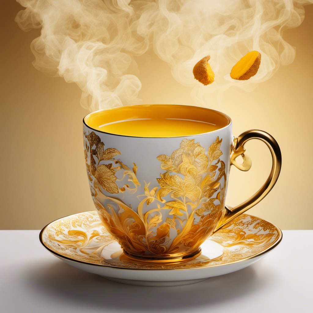 An image showcasing a steaming cup of Turmeric Ginger Tea Blend, with vibrant golden hues swirling in the steam