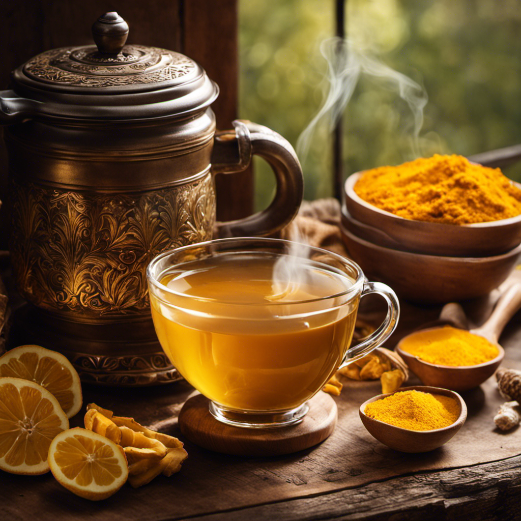 An image of a steaming mug filled with vibrant golden turmeric ginger tea