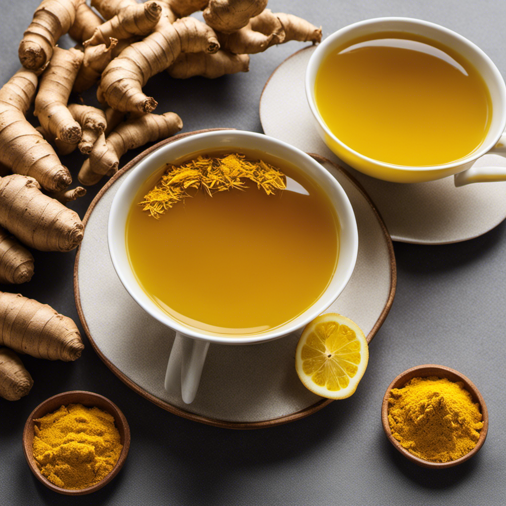 An image showcasing a steaming cup of vibrant yellow turmeric ginger tea, surrounded by fresh ginger slices and turmeric roots