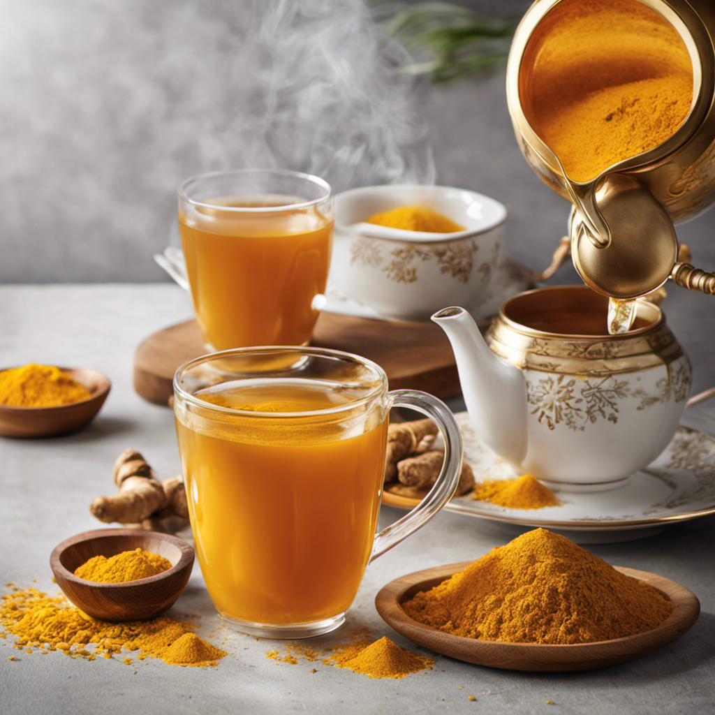 An image showcasing a vibrant, steamy cup of turmeric ginger tea, with golden hues radiating from the invigorating blend
