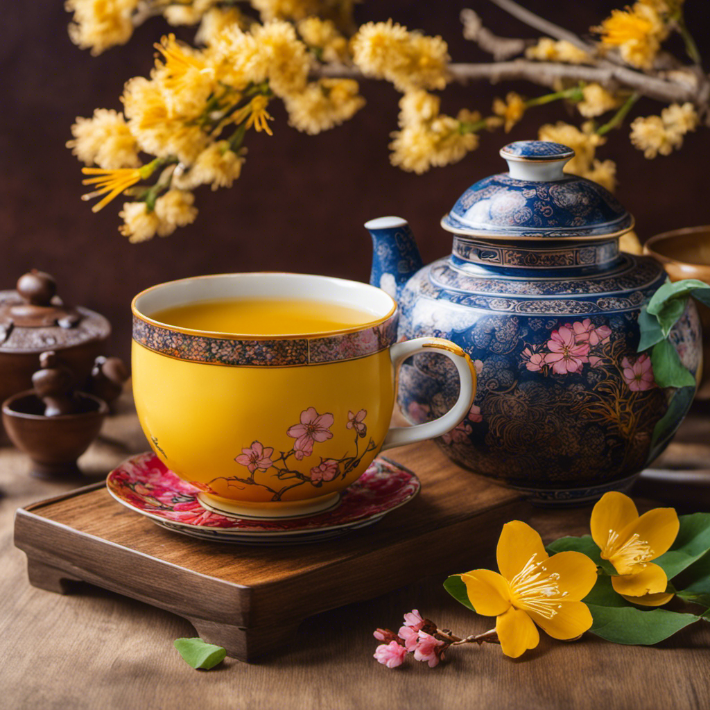 An image showcasing a vibrant yellow cup filled with steaming Turmeric Ginger Tea, adorned with delicate cherry blossoms and a traditional Japanese teapot in the background