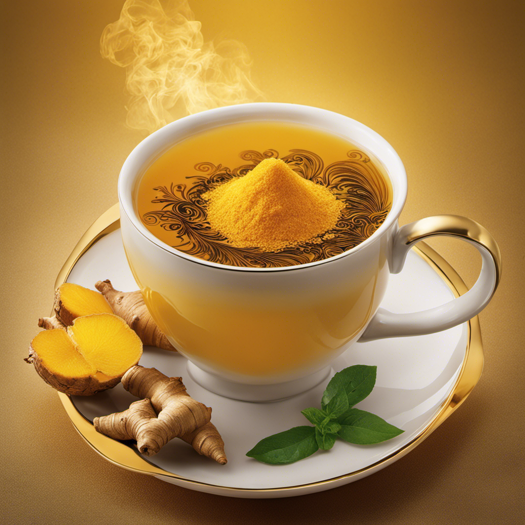 An image showcasing a vibrant mug of steaming Turmeric Ginger Tea, with golden-hued liquid swirling, delicate wisps of steam rising, and a fresh ginger root garnish floating gracefully on top