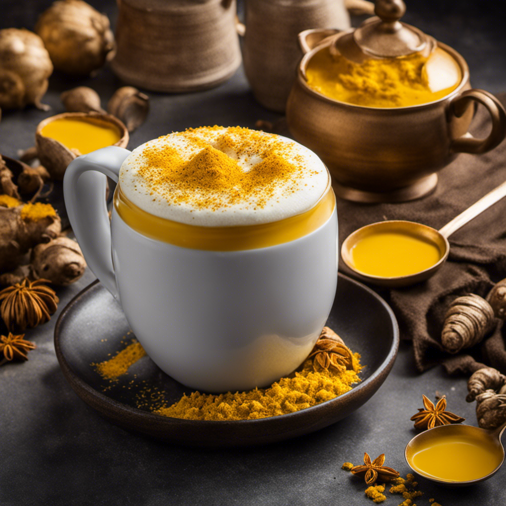 An image that showcases a steaming mug of vibrant yellow Turmeric Ginger Tea Latte Caribou, topped with a frothy layer of creamy foam